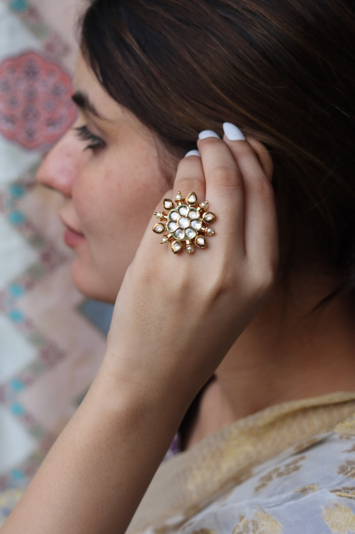 Satvika Free Sized, Adjustable Gold Plated Kundan Ring