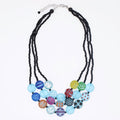Necklace with black beads and colorful round beads on a white background