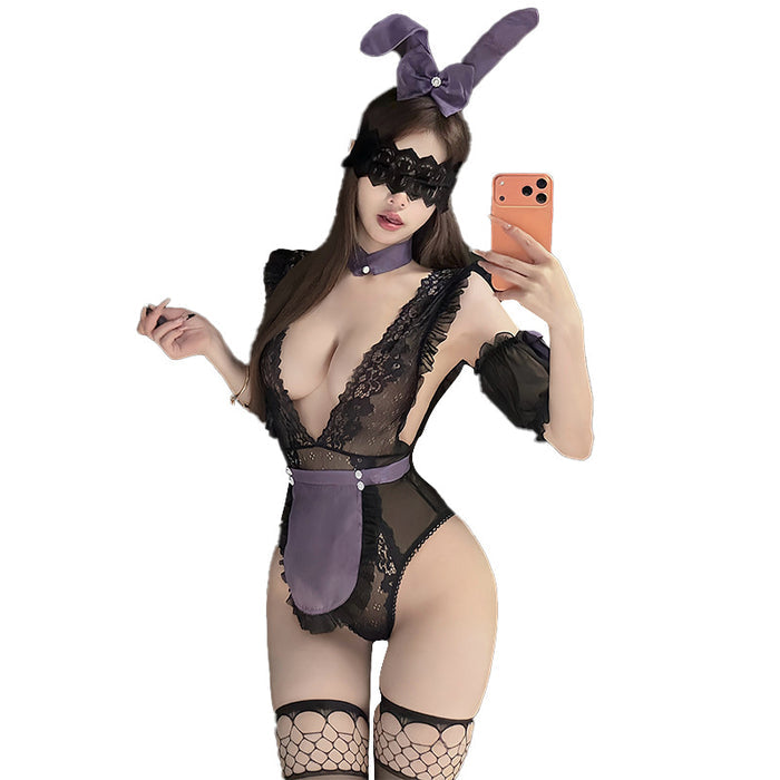 Deep-V lace lingerie set close-up