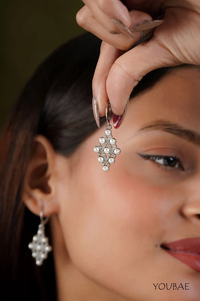 Silver Pearl Studded Drop Earrings