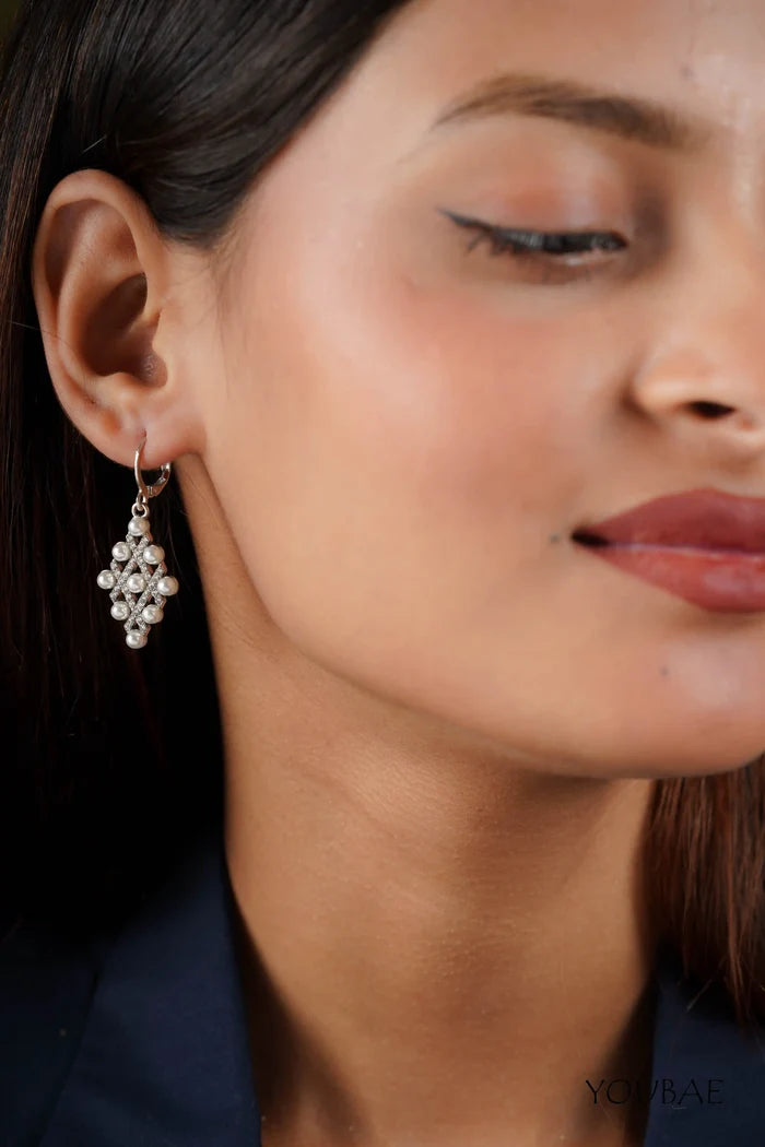 Silver Pearl Studded Drop Earrings