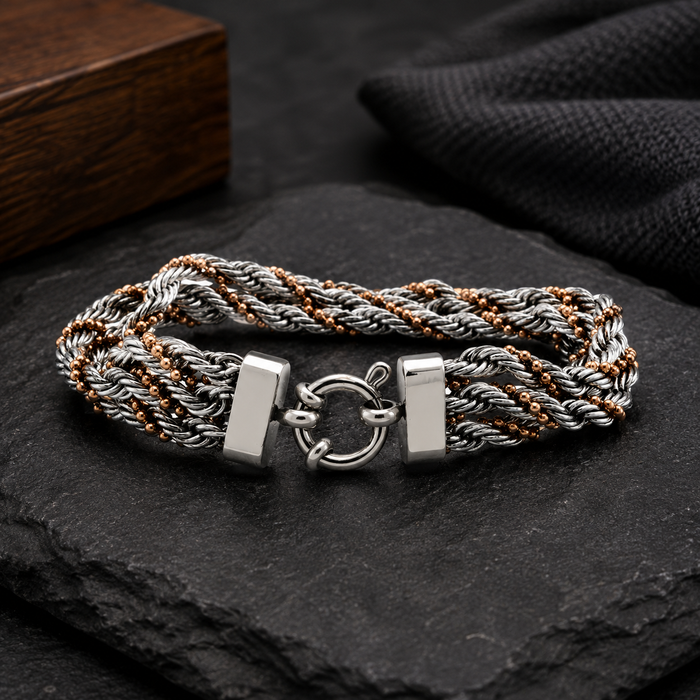 Stainless Steel Triple Braid Rose Gold & Silver Rope Chain Bracelet