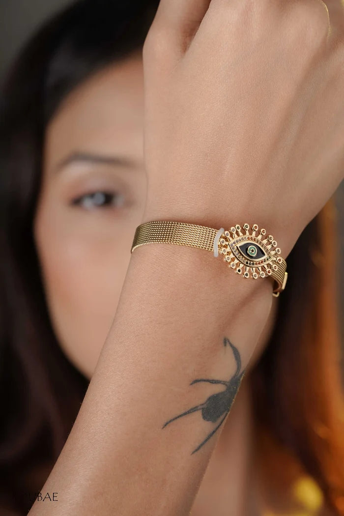Studded Evil Eye Free Size Adjustable Wrist Band, Watch Look Alike Bracelet