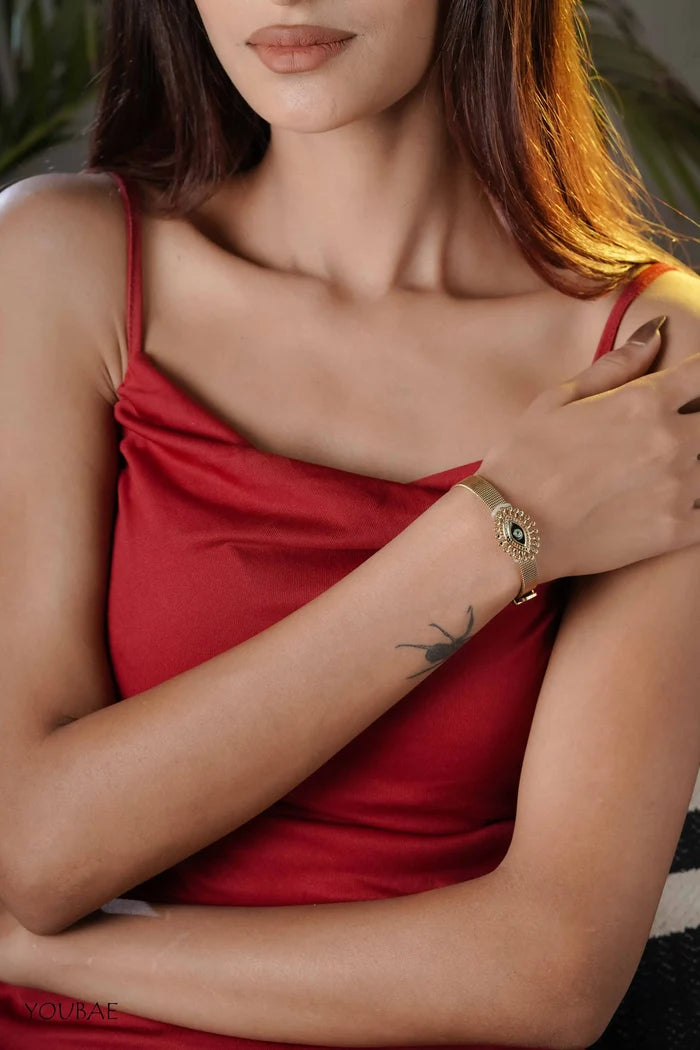 Studded Evil Eye Free Size Adjustable Wrist Band, Watch Look Alike Bracelet