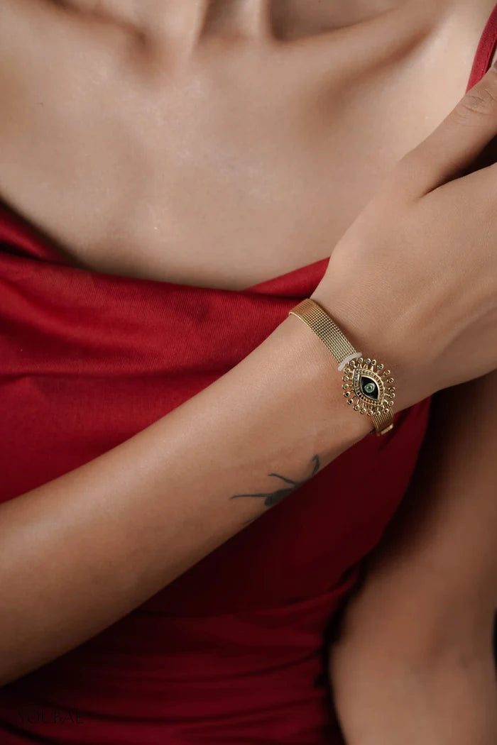 Studded Evil Eye Free Size Adjustable Wrist Band, Watch Look Alike Bracelet