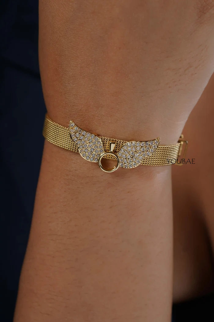 Studded Wings Free Size Adjustable Wrist Band, Watch Look Alike Bracelet