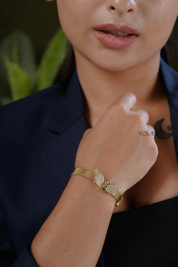 Studded Wings Free Size Adjustable Wrist Band, Watch Look Alike Bracelet