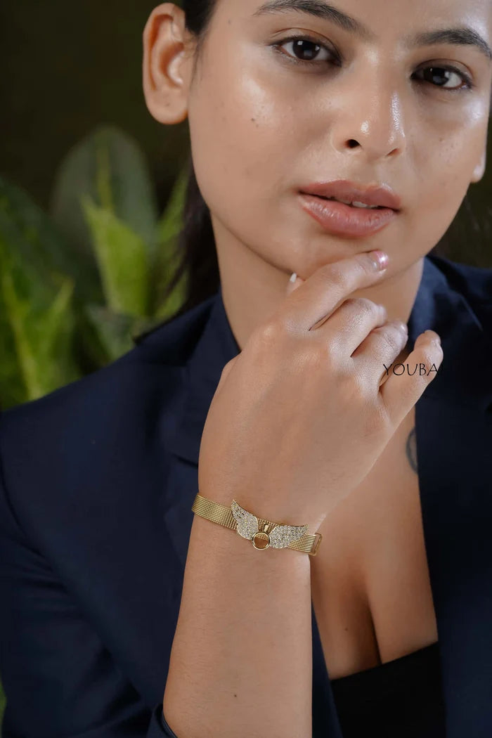 Studded Wings Free Size Adjustable Wrist Band, Watch Look Alike Bracelet