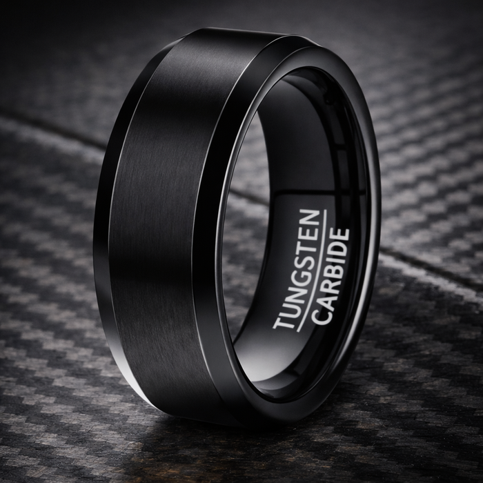The Apex Noir Black Tungsten Ring for Men Flat Profile and Beveled Edges | 8mm