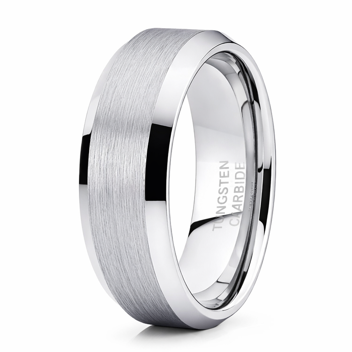 The Apex White Tungsten Ring for Men Flat Satin Finish Polished Beveled Edges | 8mm