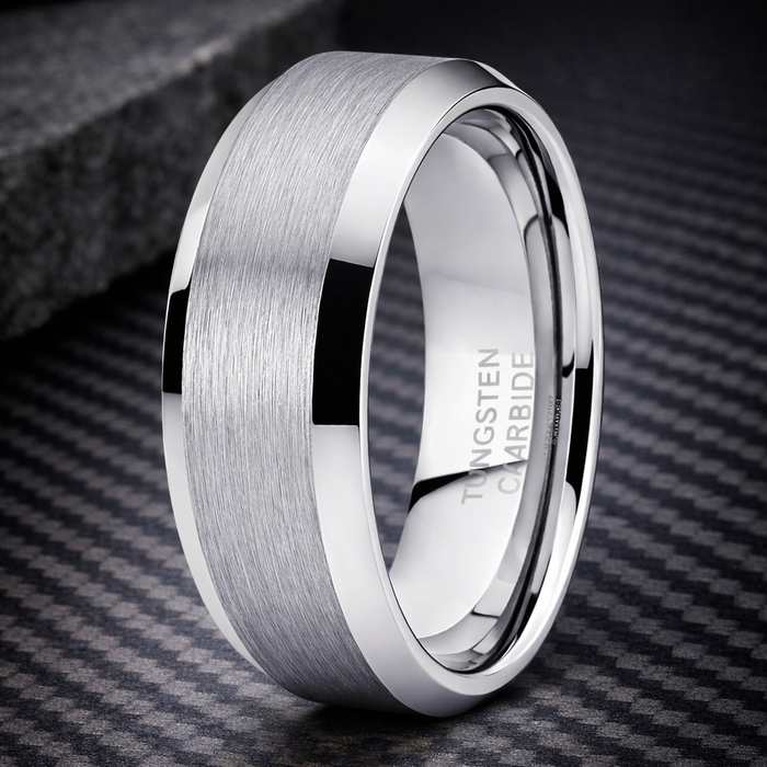 The Apex White Tungsten Ring for Men Flat Satin Finish Polished Beveled Edges | 8mm