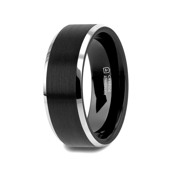 The Aston Black Brushed Center Tungsten Ring with Polished Beveled Edges 6mm or 8mm