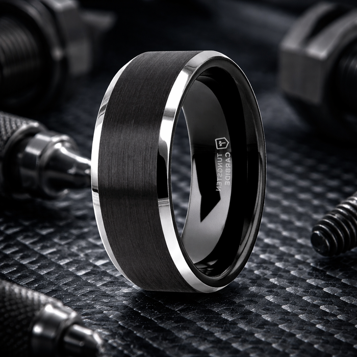The Aston Black Brushed Center Tungsten Ring with Polished Beveled Edges 6mm or 8mm