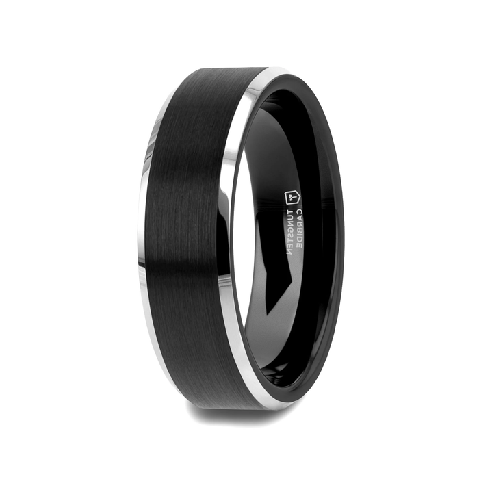 The Aston Black Brushed Center Tungsten Ring with Polished Beveled Edges 6mm or 8mm