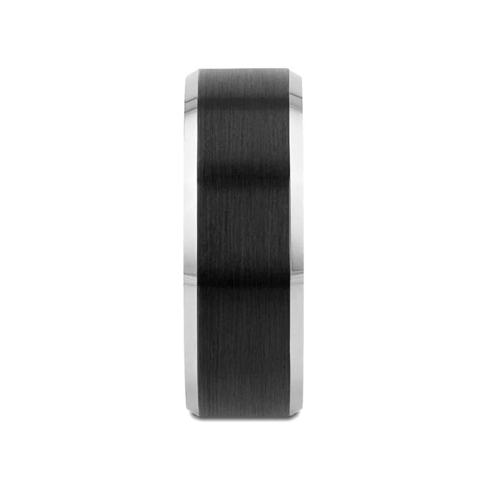 The Aston Black Brushed Center Tungsten Ring with Polished Beveled Edges 6mm or 8mm