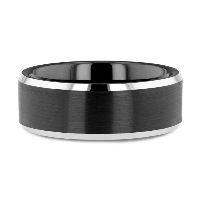 The Aston Black Brushed Center Tungsten Ring with Polished Beveled Edges 6mm or 8mm