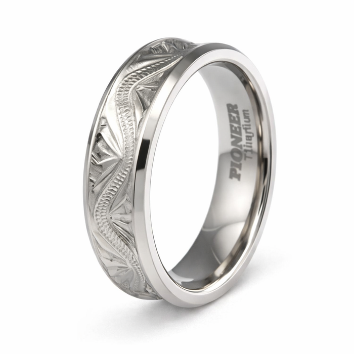 The Bloom Titanium Handcrafted Floral Design Concave Wedding Band-6mm