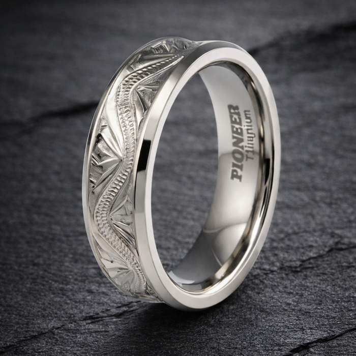 The Bloom Titanium Handcrafted Floral Design Concave Wedding Band-6mm