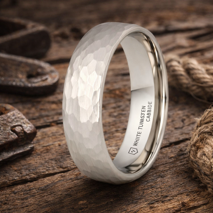 The Chandler Domed Hammered Finish White Tungsten Ring 6mm