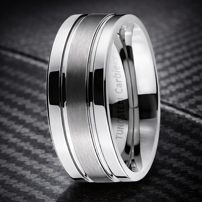 The Crestline Men's Tungsten Carbide Band Satin Center Two Polished Outer Bands | 8mm
