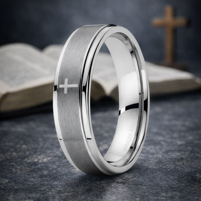 The Devotion Men's Tungsten Carbide Ring with Lasered Cross -7mm