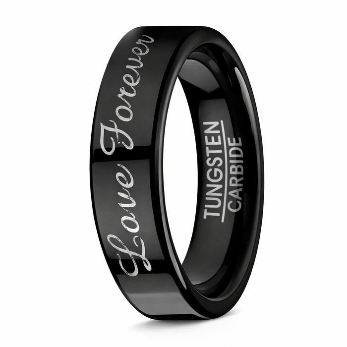 The Endless Love Black Tungsten Men's Wedding Ring with Love Forever Script | 6mm
