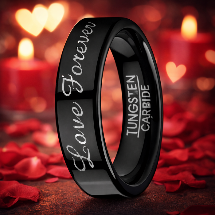 The Endless Love Black Tungsten Men's Wedding Ring with Love Forever Script | 6mm
