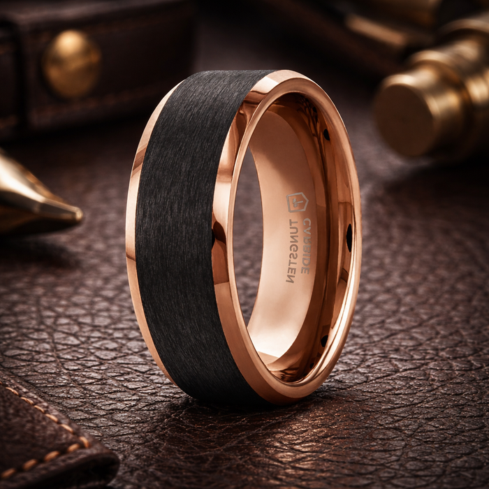 The Ferros Espresso Plated Tungsten Polished Beveled Ring Brushed Black Center - 8mm