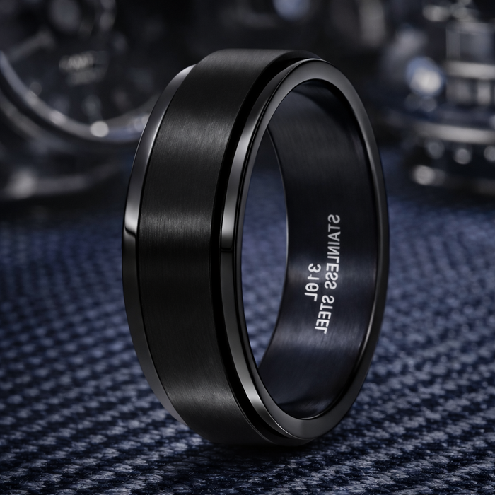 The Fidget Men's Black 316L Stainless Steel 8mm Spinner Ring with Polished Finish 8mm