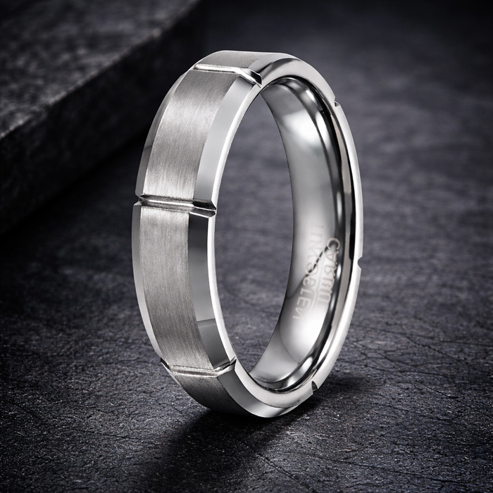 The Frostline Tungsten Wedding Ring with Satin Finish and Grooves-7mm
