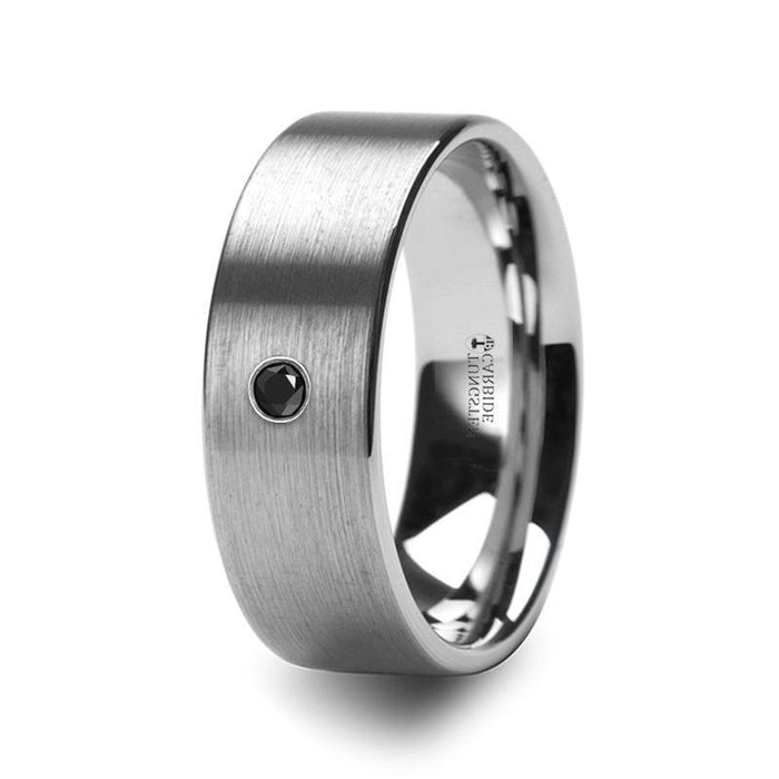 IRENAEUS Flat Brushed Tungsten Mens Ring with Black Diamond - 8mm