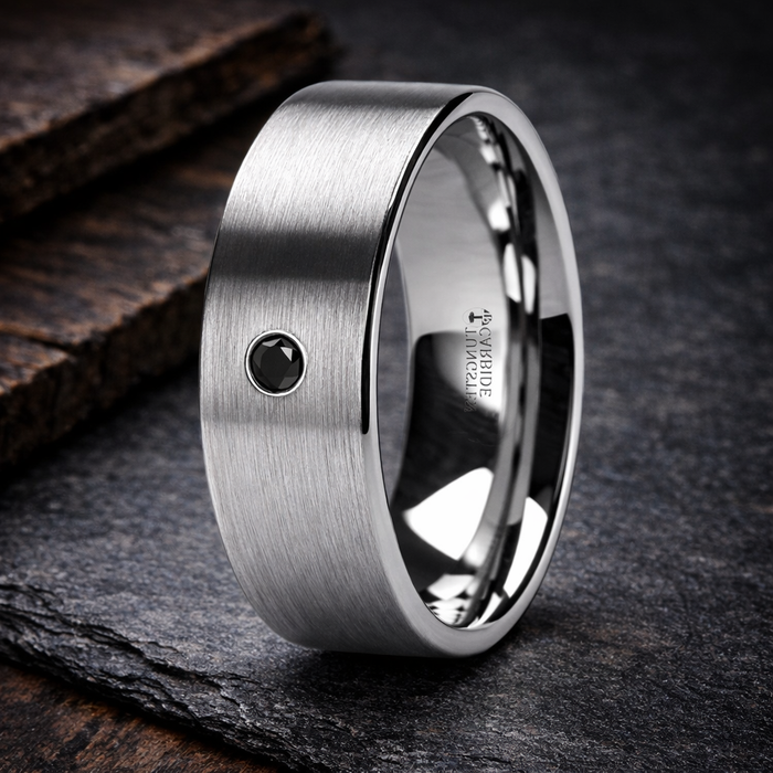 The Irenaeus Flat Brushed Tungsten Mens Ring with Black Diamond 8mm
