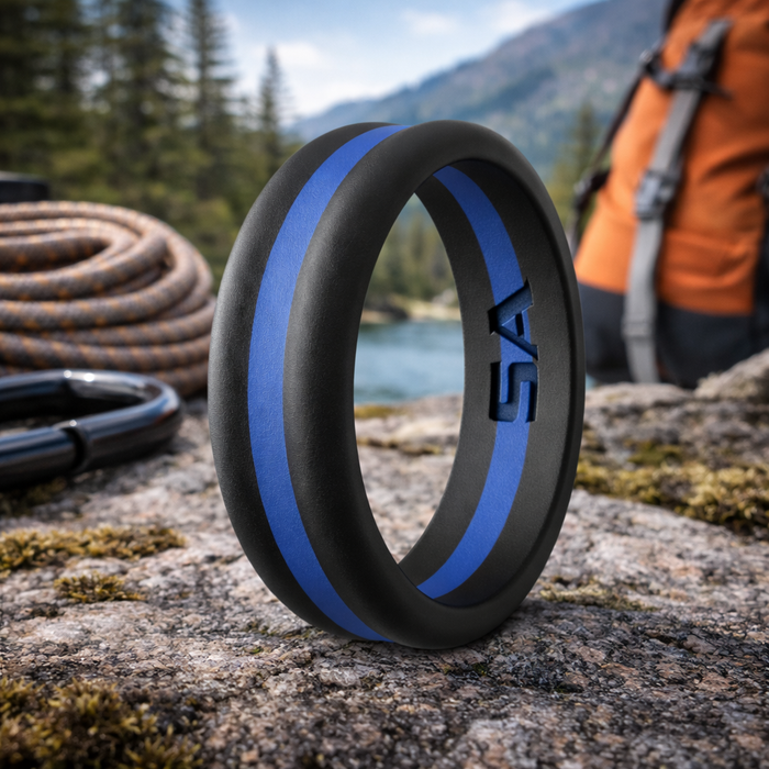 The Leo Silicone Men's Ring in Black and Blue Tone with Rounded Edges