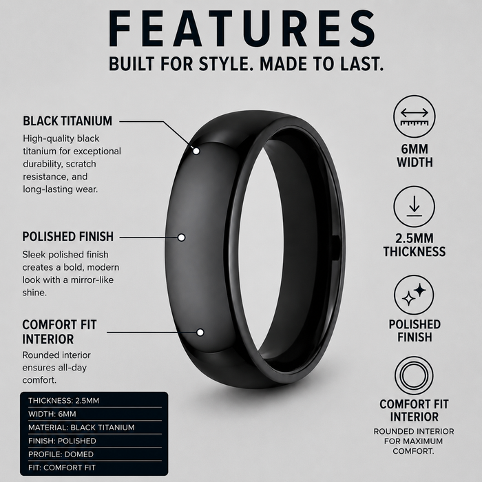 The Midnight Black Domed Polished Finish Mens Titanium Ring 6mm