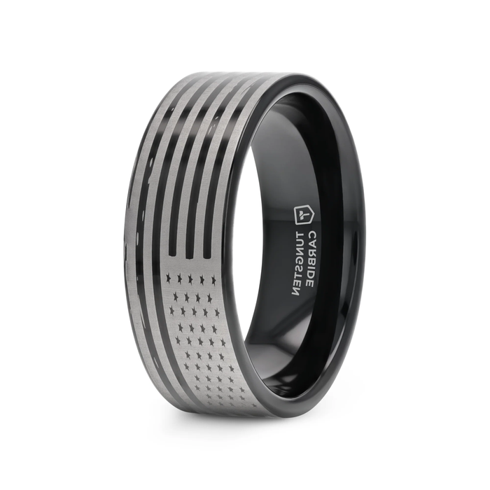 The Patriot American Flag Engraved Flat Polished Black Tungsten Band 6mm