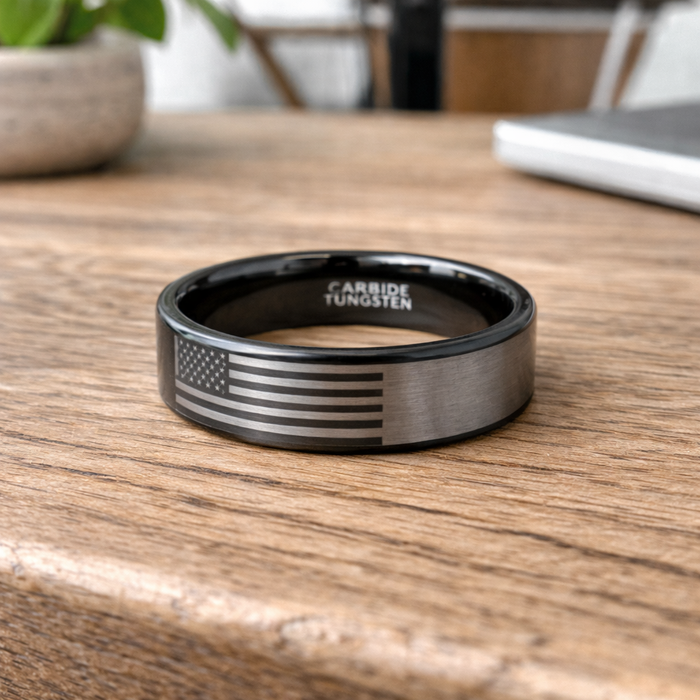The Patriot American Flag Engraved Flat Polished Black Tungsten Band 6mm