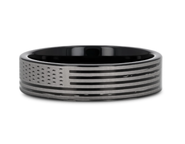 The Patriot American Flag Engraved Flat Polished Black Tungsten Band 6mm
