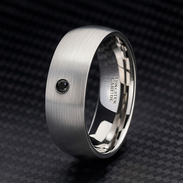 The Perseid Tungsten Carbide Brushed Finish Domed Ring with Black Diamond 8mm