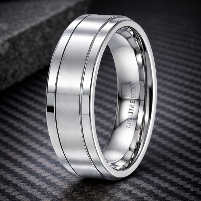 The Polar Men's White Tungsten Ring with Flat Satin Finish and Polished Edges-8mm
