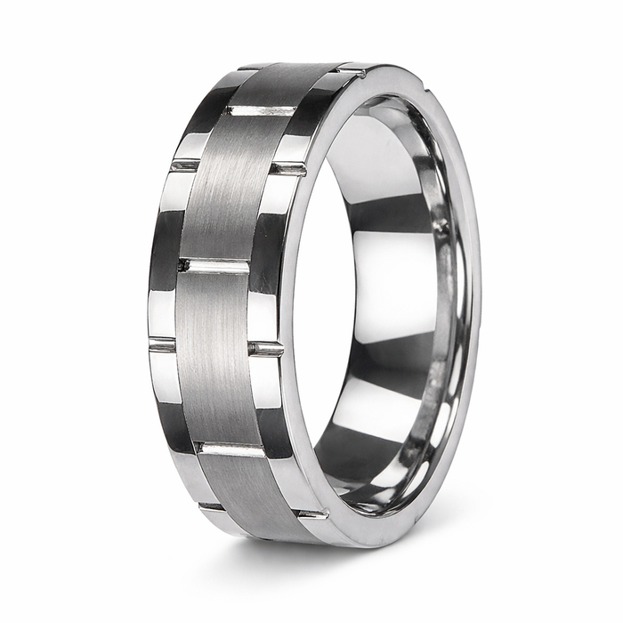 The Ridge Tungsten Vertical Groove Satin-Finish Band with Polished Edges | 8mm