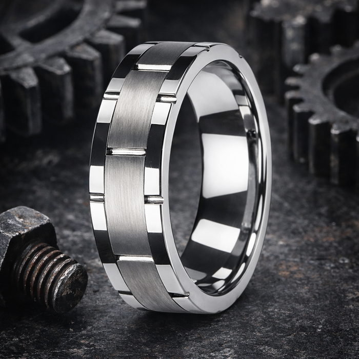 The Ridge Tungsten Vertical Groove Satin-Finish Band with Polished Edges | 8mm