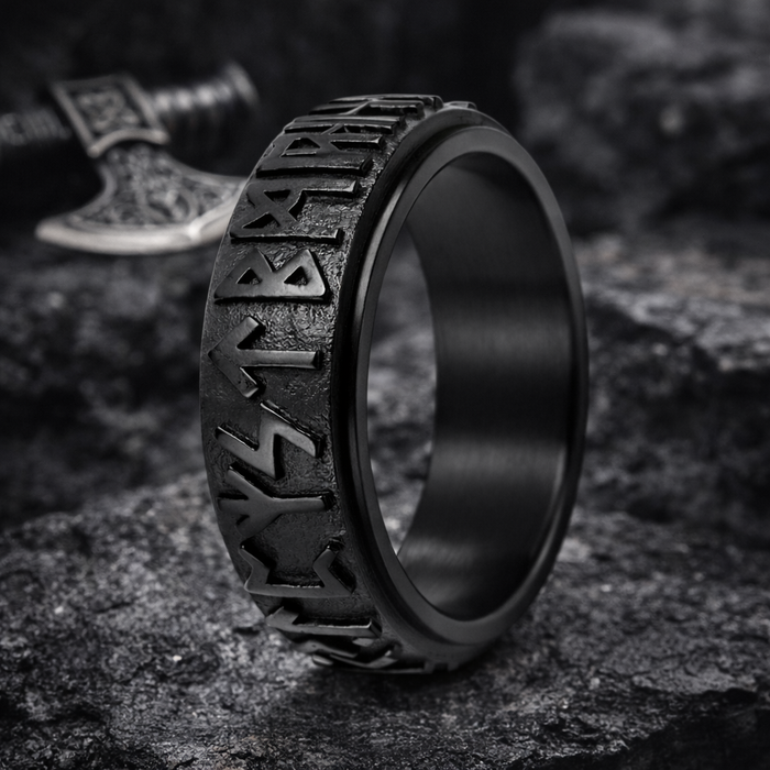 The Runic Alphabets Fidget Black Spinner Ring in Stainless Steel 8mm