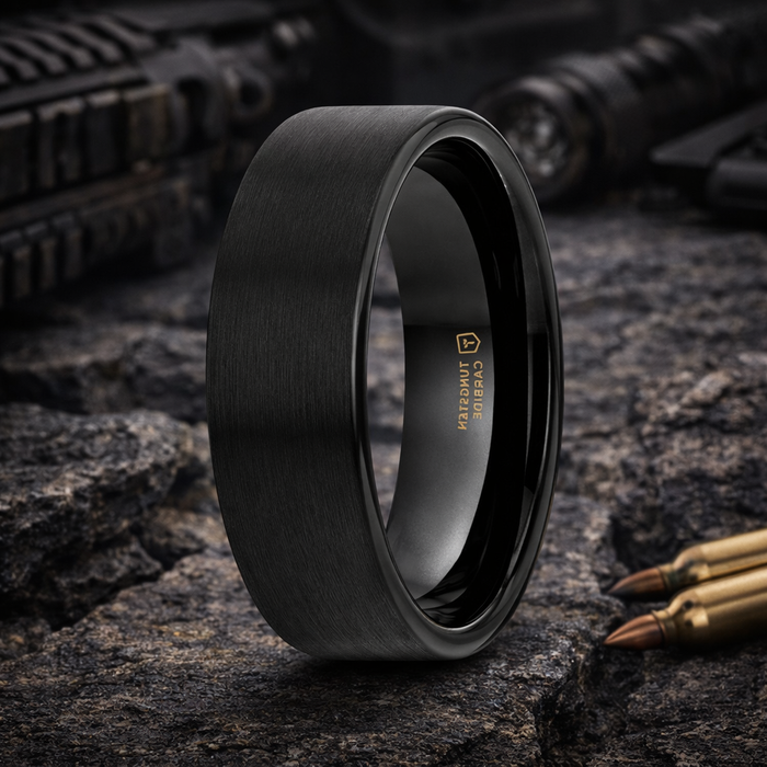 The San Antonio Flat Black Tungsten Brushed Finish Mens Ring 6mm or 8mm