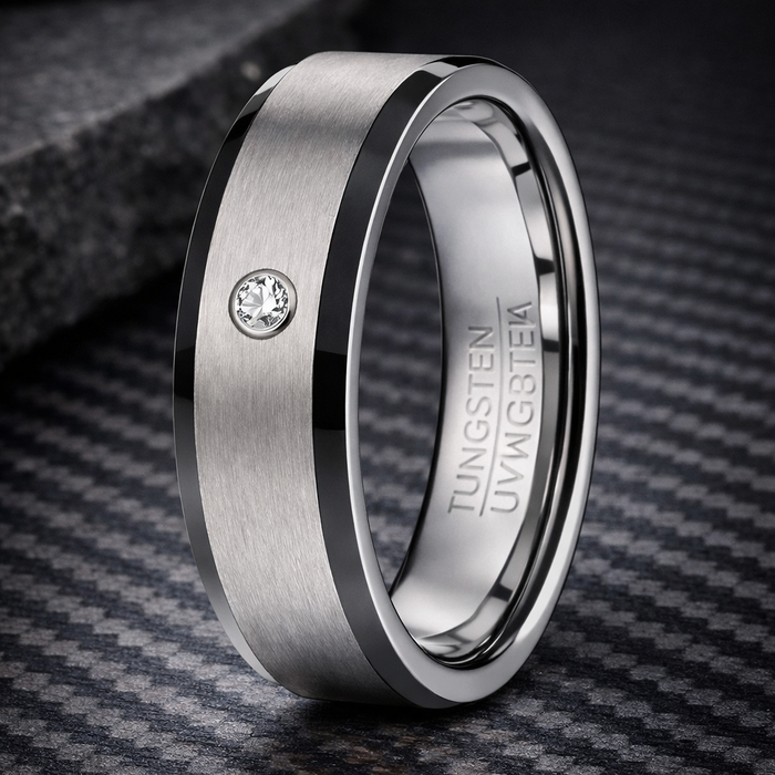 The Sateen Satin Finish Center Tungsten Ring with one CZ Stone for Men 7mm