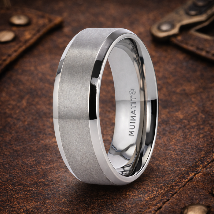 The Shire Titanium Brushed Center Men’s Flat Ring Polished Beveled Edges 6mm or 8mm