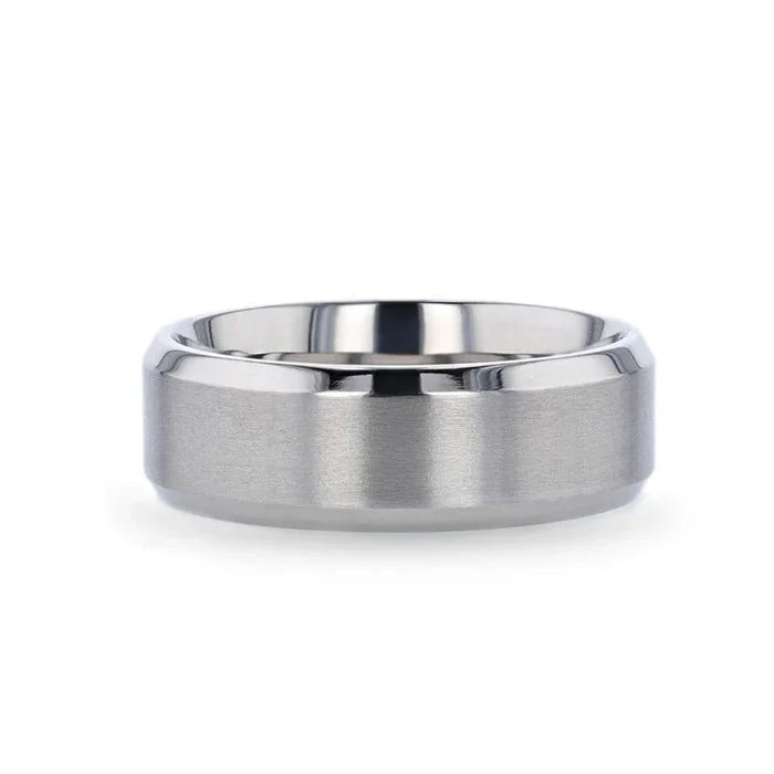 The Shire Titanium Brushed Center Men’s Flat Ring Polished Beveled Edges 6mm or 8mm