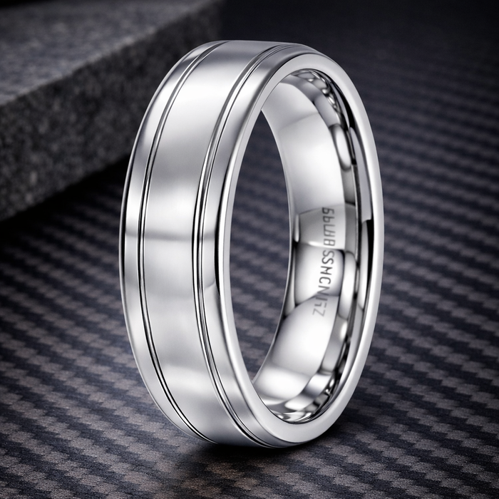 The Stratus Men's White Tungsten Band Satin Finish and Two Polished Grooves | 7mm