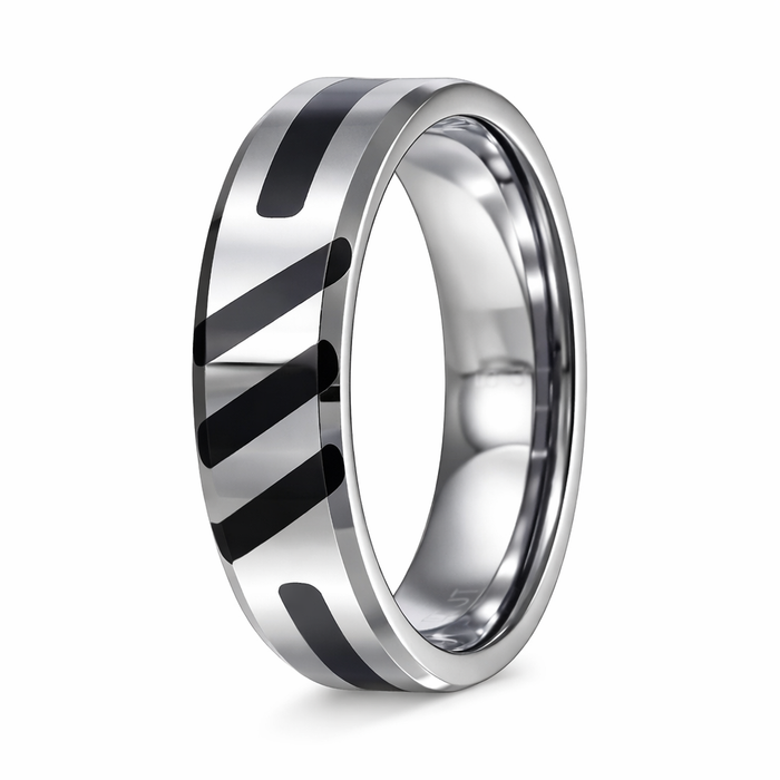 The Volt Tungsten Ring With Black Enamel Inlay Abstract Slashes-8mm