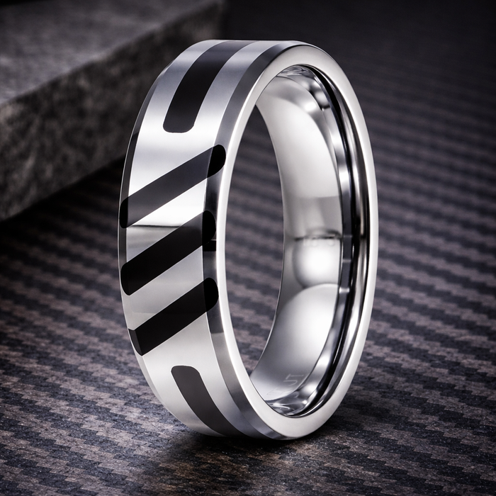 The Volt Tungsten Ring With Black Enamel Inlay Abstract Slashes-8mm