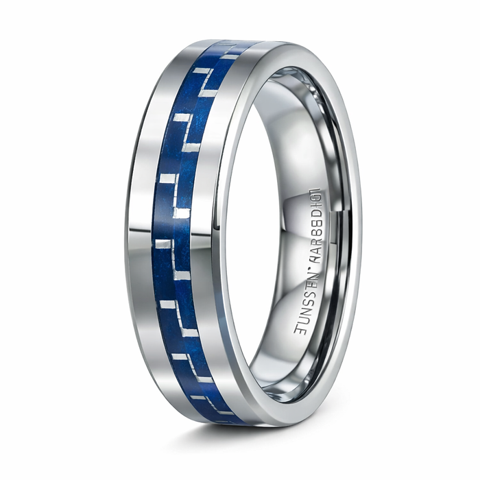 Tungsten and Blue Carbon Fiber Polished Ring with Beveled Edge | 8mm